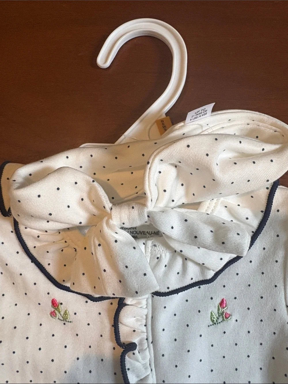 Little Me White One-Piece Footie with Navy Trim and Pink Floral Accents